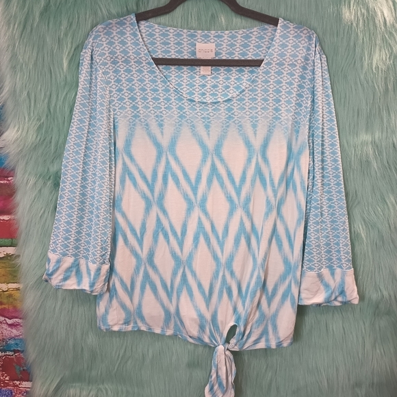 Chico's Blue and White Long Sleeve Front Tie Pattern Top Size 2 - Picture 3 of 5